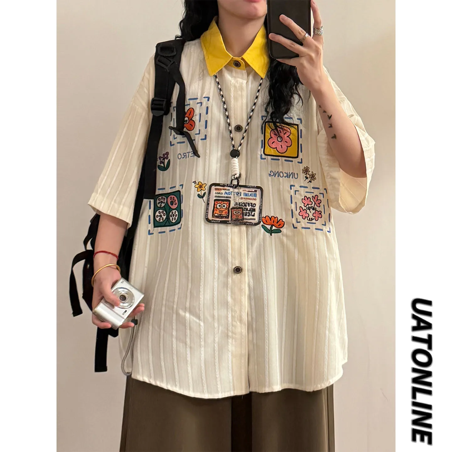 

UATONLINE2026 Летняя женская модная рубашка в американском ретро-стиле с цветочной вышивкой, цветовыми блоками и полосками, с коротким рукавом, в уличном стиле