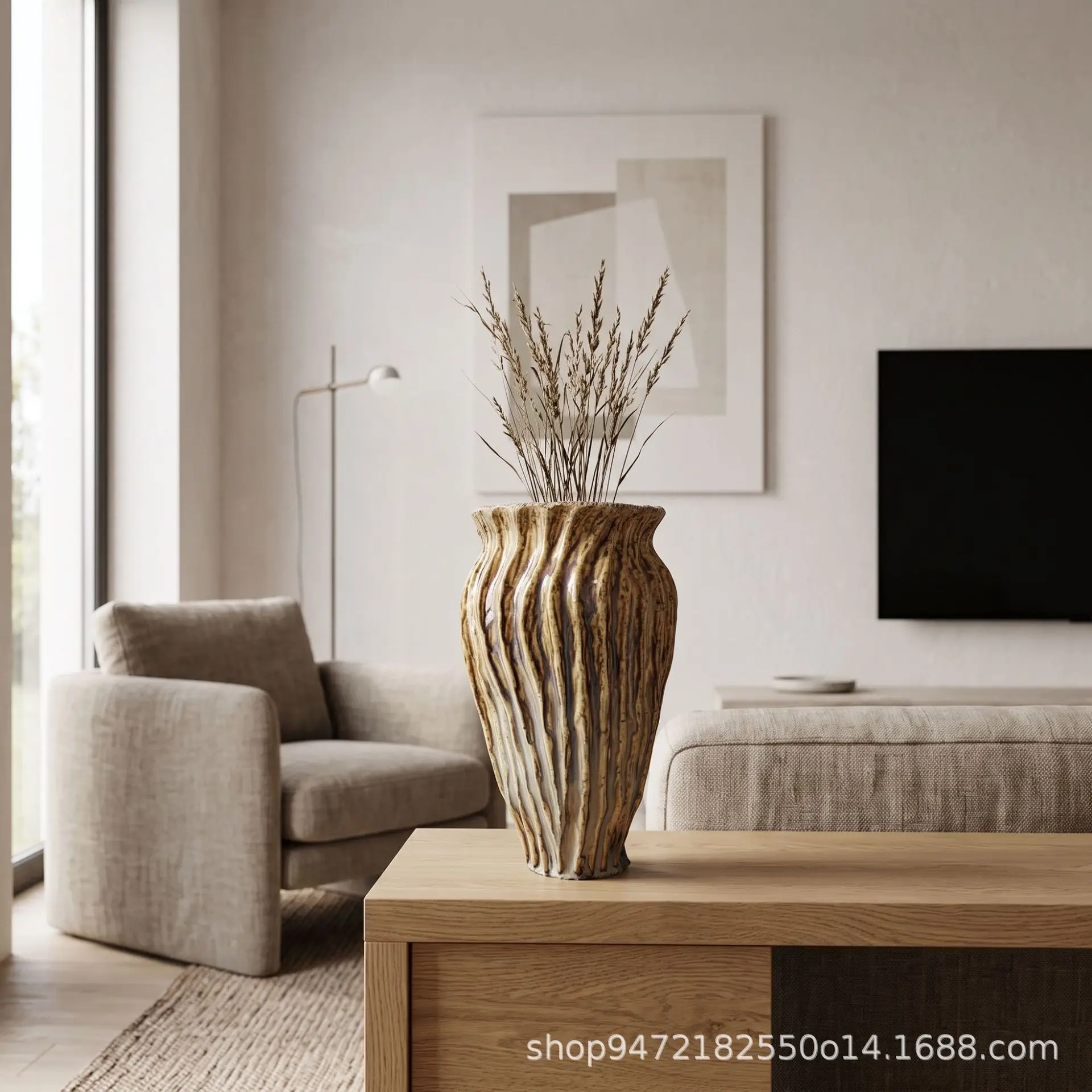 Modern art multi-color flow glaze vertical pattern ceramic vase, living room soft display