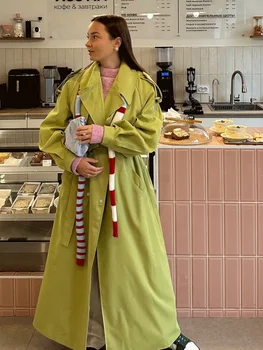 Green Lapel Belt Lace Up Long Trench Coat Women Lantern Sleeve Waist Cinching Jacket 2026…