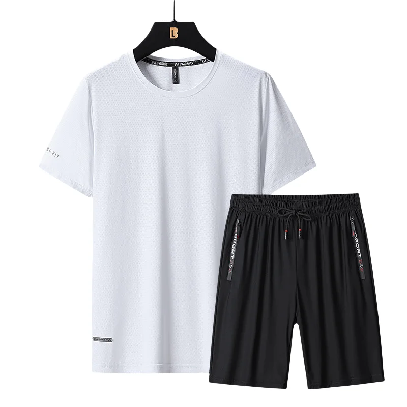 Large Size Ice Silk Shorts Set Men's Summer Plus Size Casual Short-sleeved Sports Two-piece Set