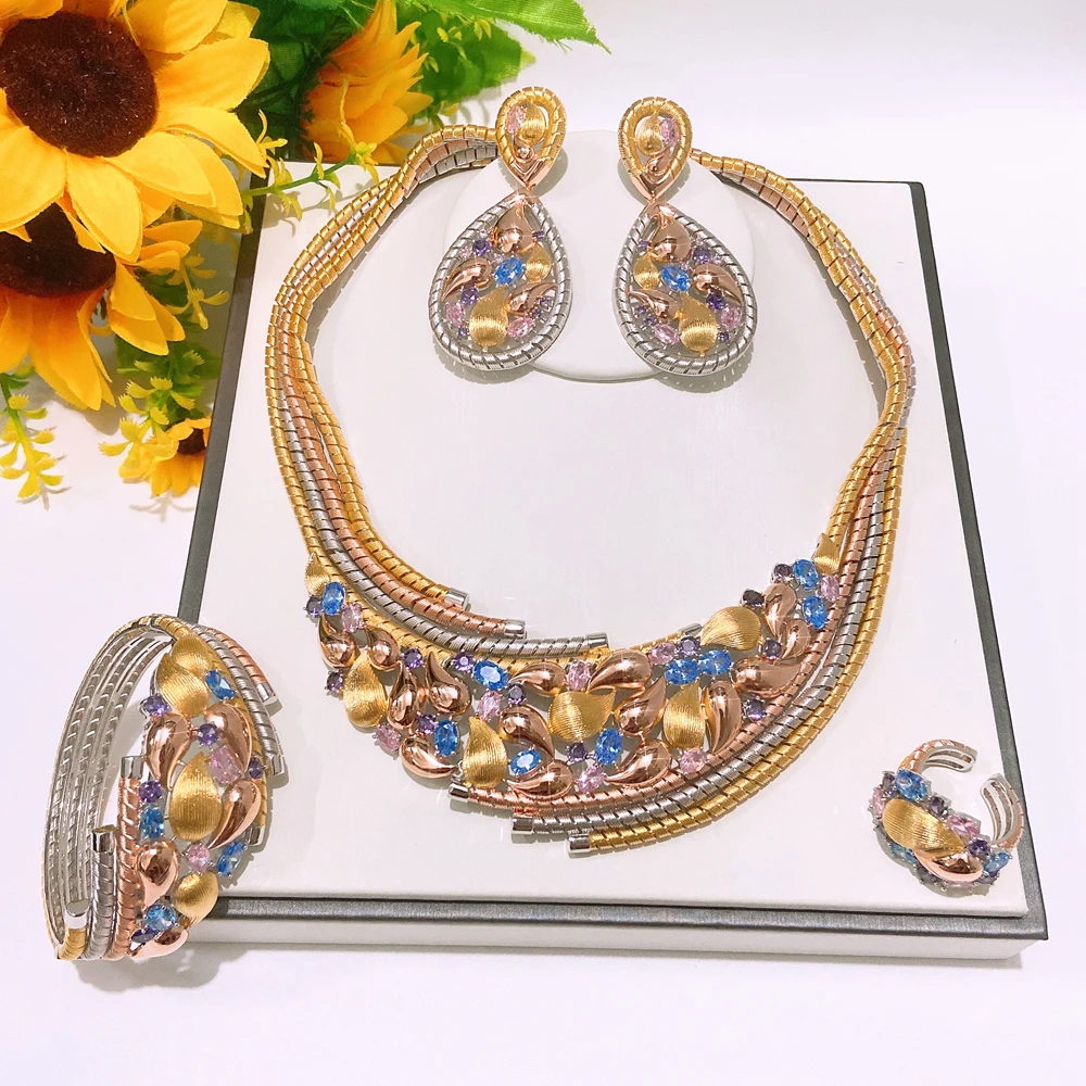 4Pcs Multi-Color CZ Jewelry Set Teardrop Statement Necklace Earrings Bracelet Ring American Diamond Style Bridal Accent