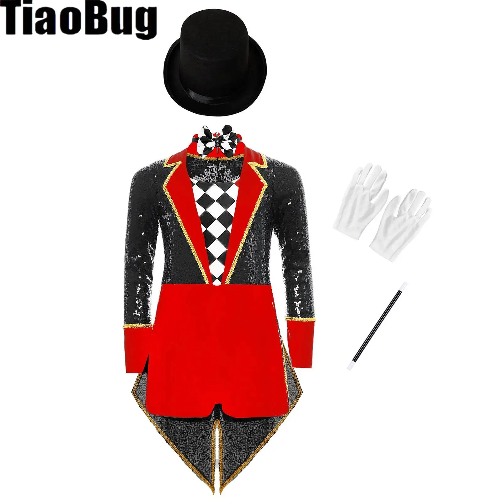 

Girls Circus Performance Costume Halloween Ringmaster Jumpsuit Long Sleeve Sequin Tailcoat Checkerboard Bodysuit Magician Outfit