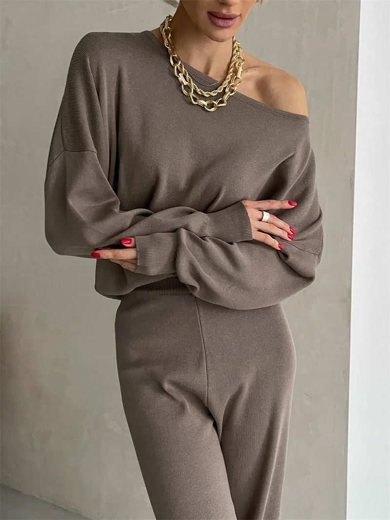 Elegant Winter Knit Pants Set Woman Sexy Loungewear 2 Piece Knitted Matching Sets Women Casual Knitted Two Piece Sets Women 2024