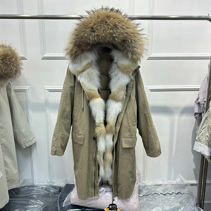 Removable Real Raccoon Fur Collar Wolf Fur‌ Placket Long Parka Jacket Three Ways Wear Goose Down Jacket Loose Hoodie Parka Coat