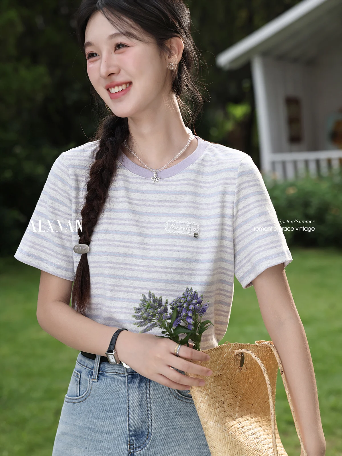 

ALXNAN Women's T-shirt Purple Round Neck Striped Loose-fit Cotton T-shirts Summer Elegant Office Lady Short Sleeve Tops L56528