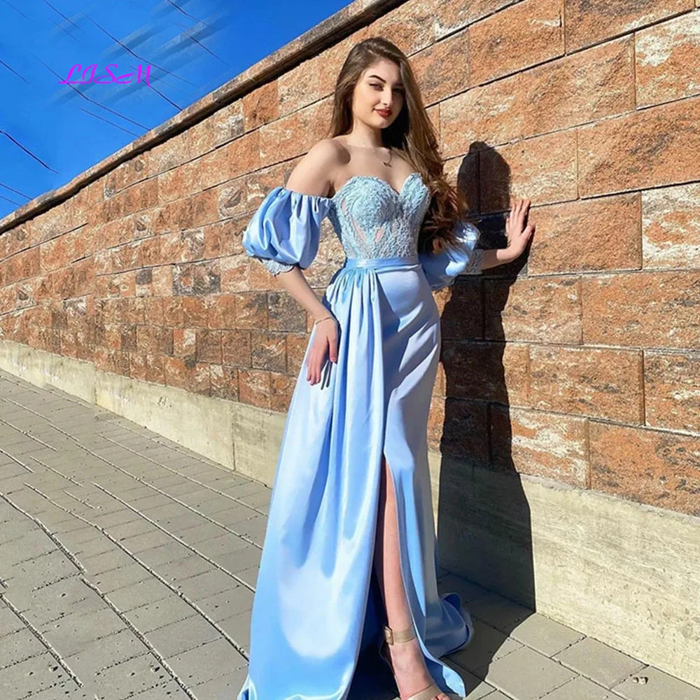 

Sky Blue Sweetheart Satin Prom Dresses 2022 Prom Dress Appliques Mermaid Women Formal Evening Gowns Sexy Side Slit Party Dress