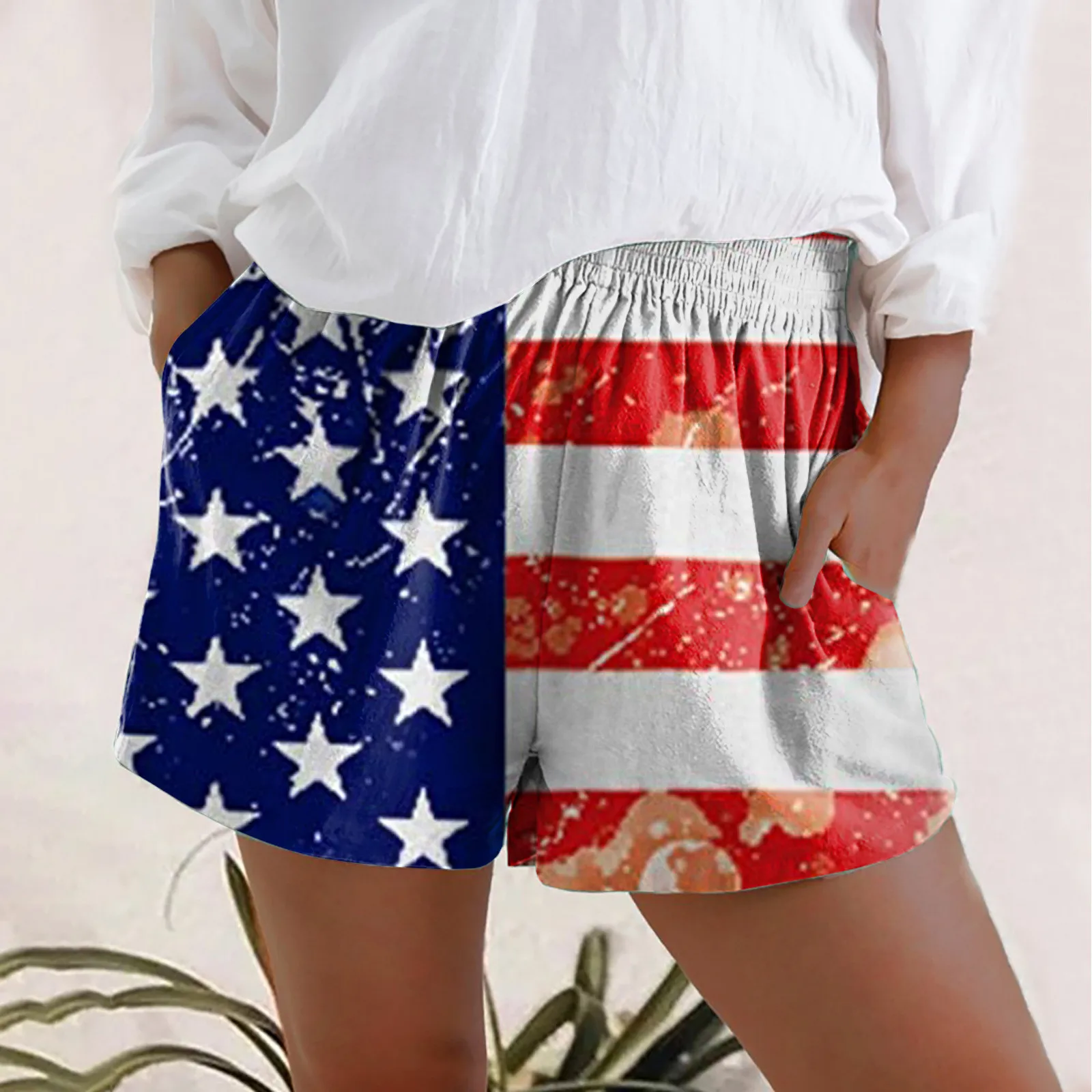 

Women American Flag Print Lace-Up Casual Shorts Pocket Mini Hot Short Pants Mujer Spring Summer Independence Loose Comfy Cortos