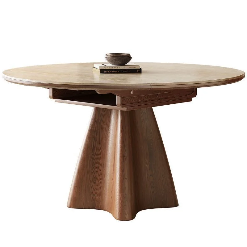 Solid wood travertine rock slab dining table and chair combination, retractable round table, modern simplicity