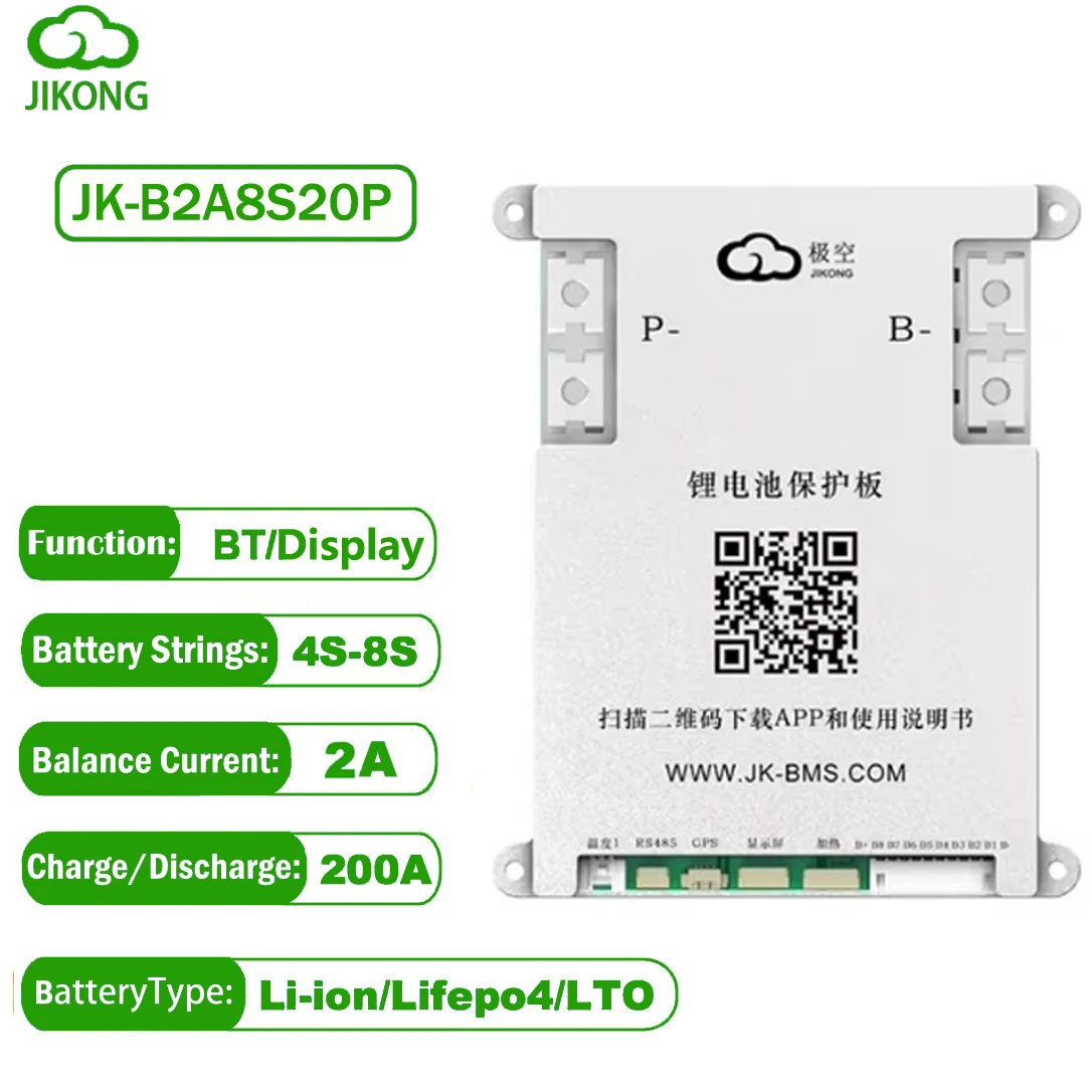 JK SMART BMS Jikong JK-B2A8S20P 2A Active Balance for Lifepo4 Battery 4S 6S 7S 8S 200A 12V 24V BT Li-Ion Camping Battery Ebike
