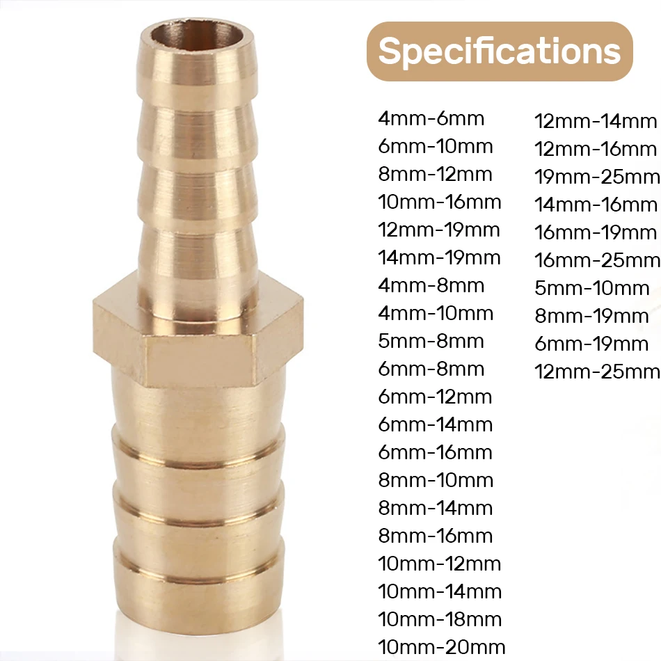4 5 6 7 8 10 12 14 16mm Gas Copper Barbed Coupler Connector Adapter Brass Barb Reducing Joint Straight Hose Pipe Fitting Equal