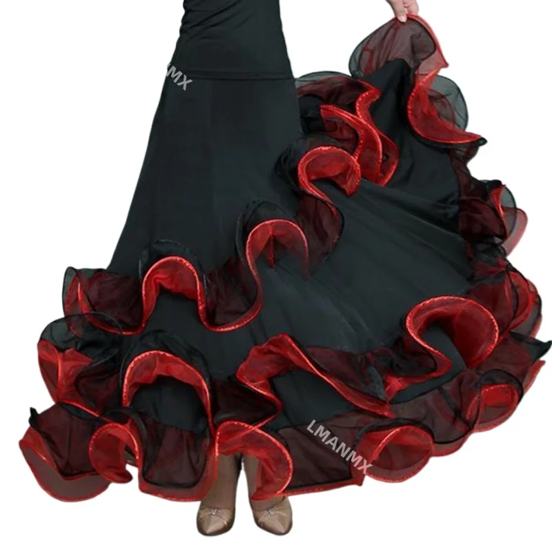 Saia de dança de salão com borda rotativa, saia espanhola para mulheres, vestido de valsa, roupas de dança, saia de flamenco, saia de festa