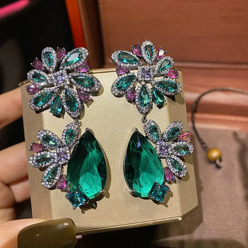 vintage-large-green-water-drop-cubic-zirconia-chandelier-earrings-multi-color-floral-inlay-black-metal-fashion-ear-ornament