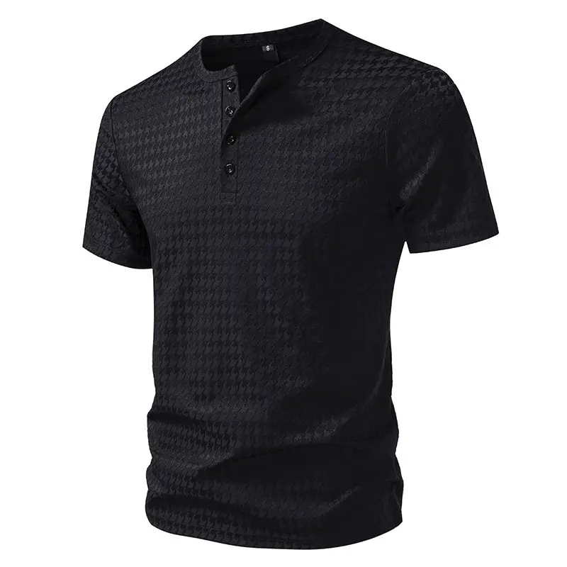 Loose Fit Men's Short Sleeve T-Shirt Half Sleeve Four Buttons Base Shirt Trendy Breathable Polyester Henry Collar Casual Style