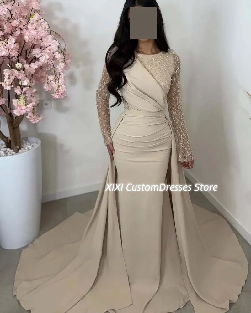Prom Dresses A-Line Split Scoop Neckline Customize Floor-Length Ruffle Elegant And Pretty Women'S Dresses Zipper Up Long Sleeves