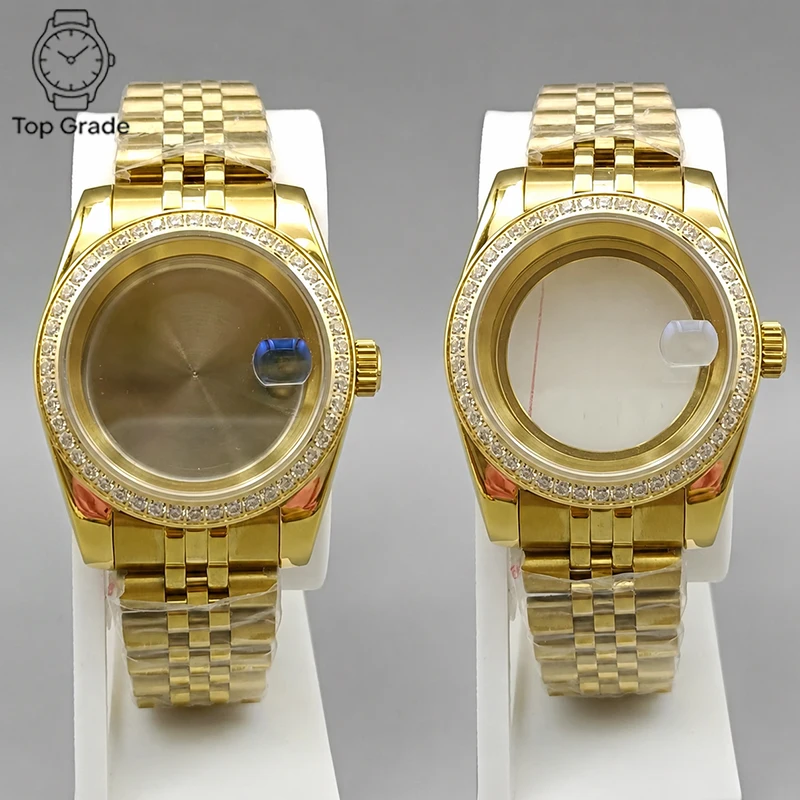 TG NH35 316L Stainless Steel Case 36mm/39mm Gold Diamonds Case+Jubilee Sapphire Magnifying Glass Case Fit NH35/NH36 Movement