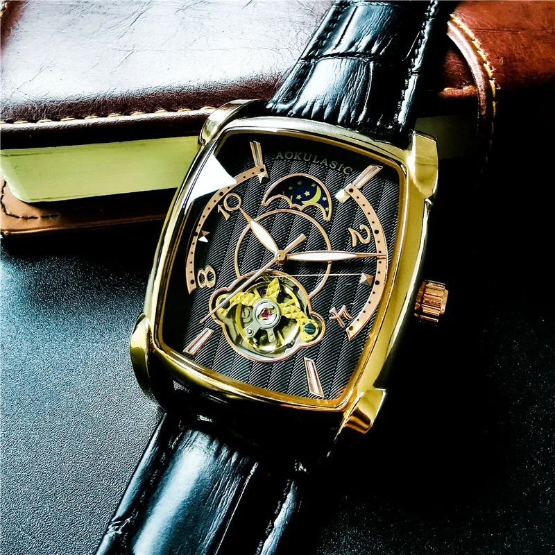 

AOKULASIC Automatic Mechanical Watch Men Square Large Dial Skeleton Luxury Casual Genuine Leather Strap Mens Watch