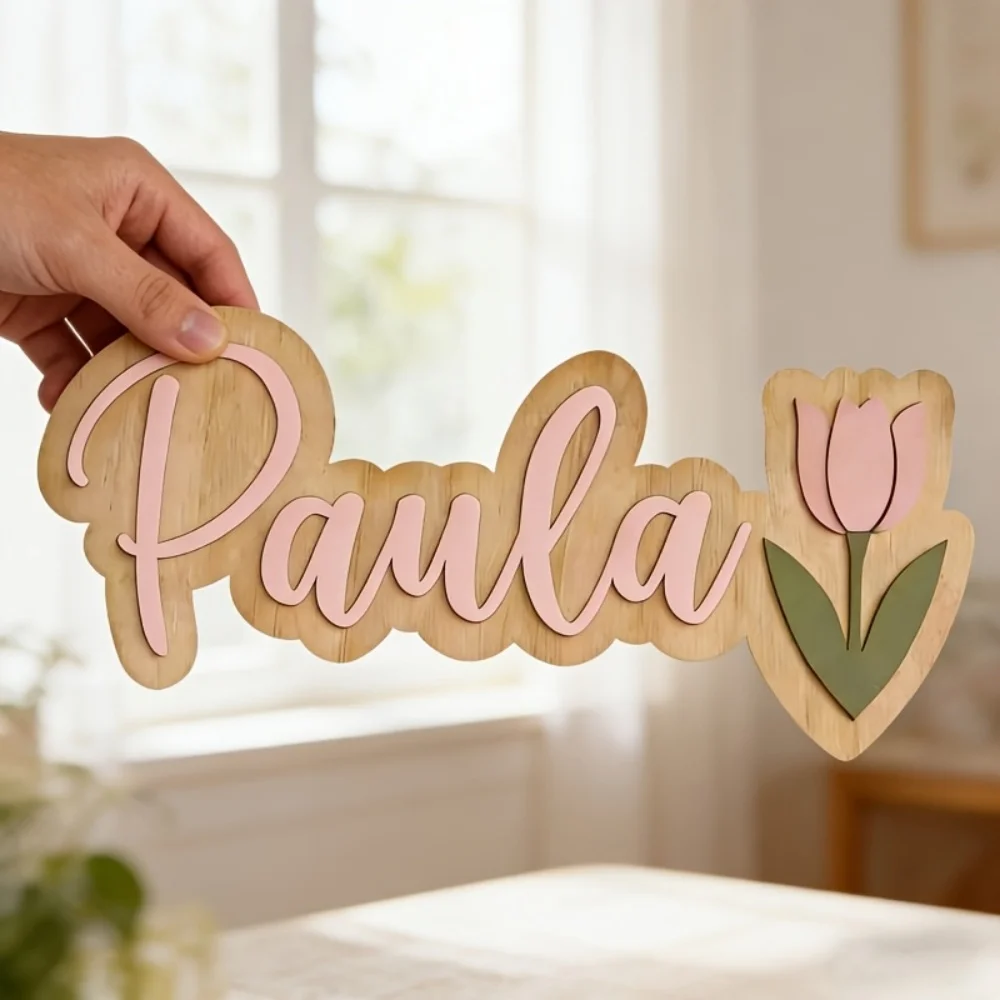1Pc Custom Name/Text Double-Layer Wooden Door Plaque, Tulip Design Room Door Sign Wall Hanging, Creative Wall Art Ornament