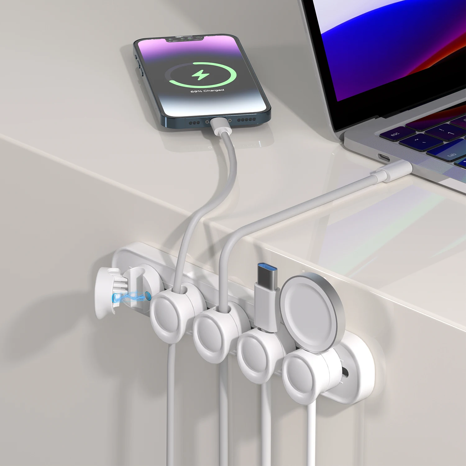 Adjustable Sliding Cable Organizer, 5-Slot Self-Adhesive Cord Holder, Under Desk Wire Management Clips for USB Cables, Power Cor