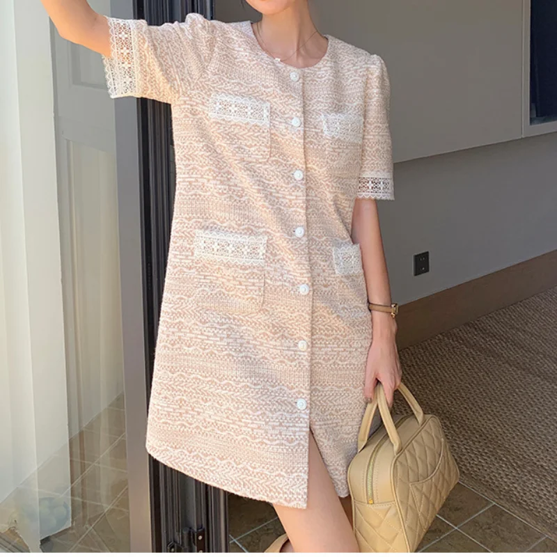 Women Autumn Short Sleeve New Loose Small Fragrance Lace Dress Korea Fashion Elegant Sweet Casual A Line Lady Short Dresses 1542