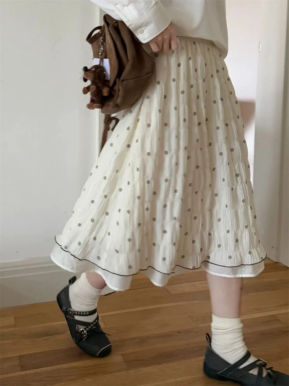Vintage Polka Dot Print Mixed Bulb Wrinkled Double-Layer Skirt Contrasting Color Edge A-Line Midi Skirts Korean Spring Summer