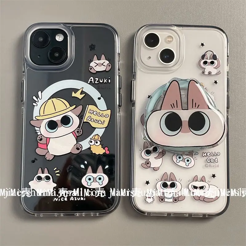 Kawaii Siamese Cat 15Promax 14Plus Phone Case Cartoon Iphone 13Mini 12/11 Transparent Printing with Bracket Phone Case Gift