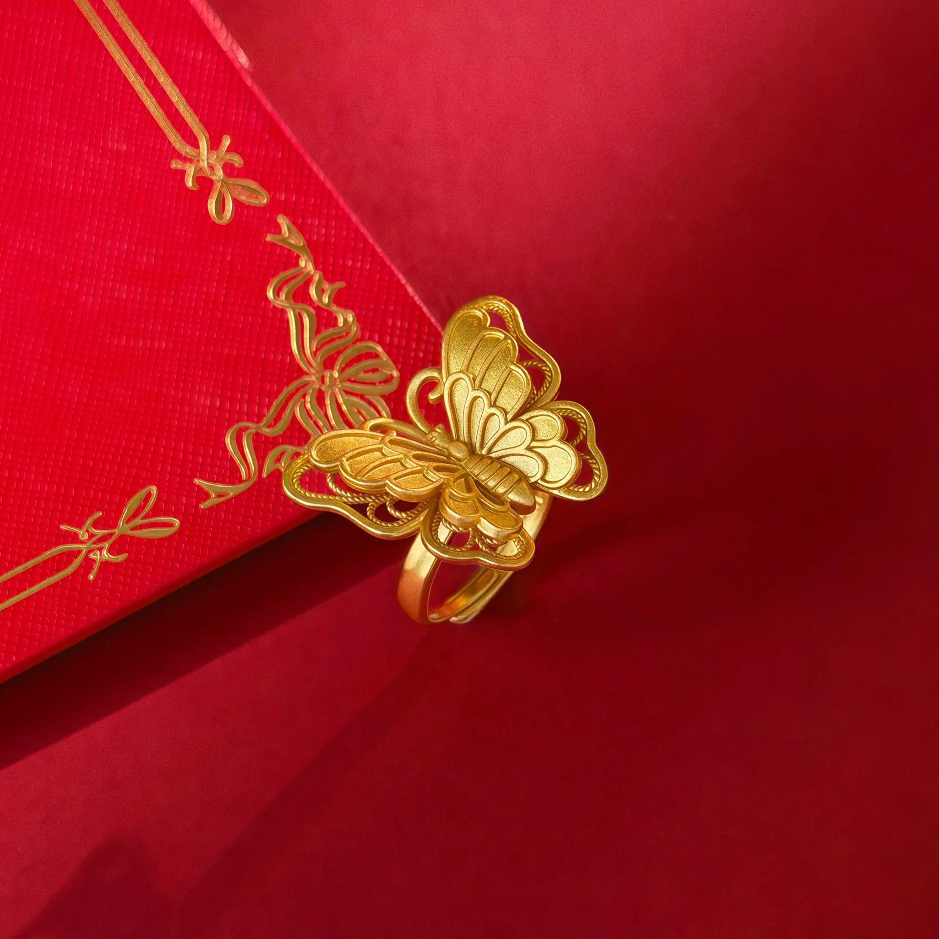 

Luxury 24K 9999 Pure Gold real gold Silk Double Layer Butterfly Ring Women's Open Ring