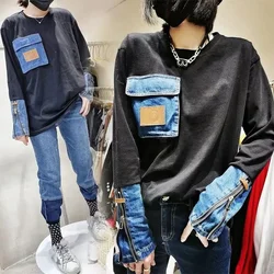 Spring Autumn Sweater Pullover Women's 2024 New Loose Fashion Pocket Zipper Sweatshirt Long Sleeve Denim Stitching T-Shirt Top