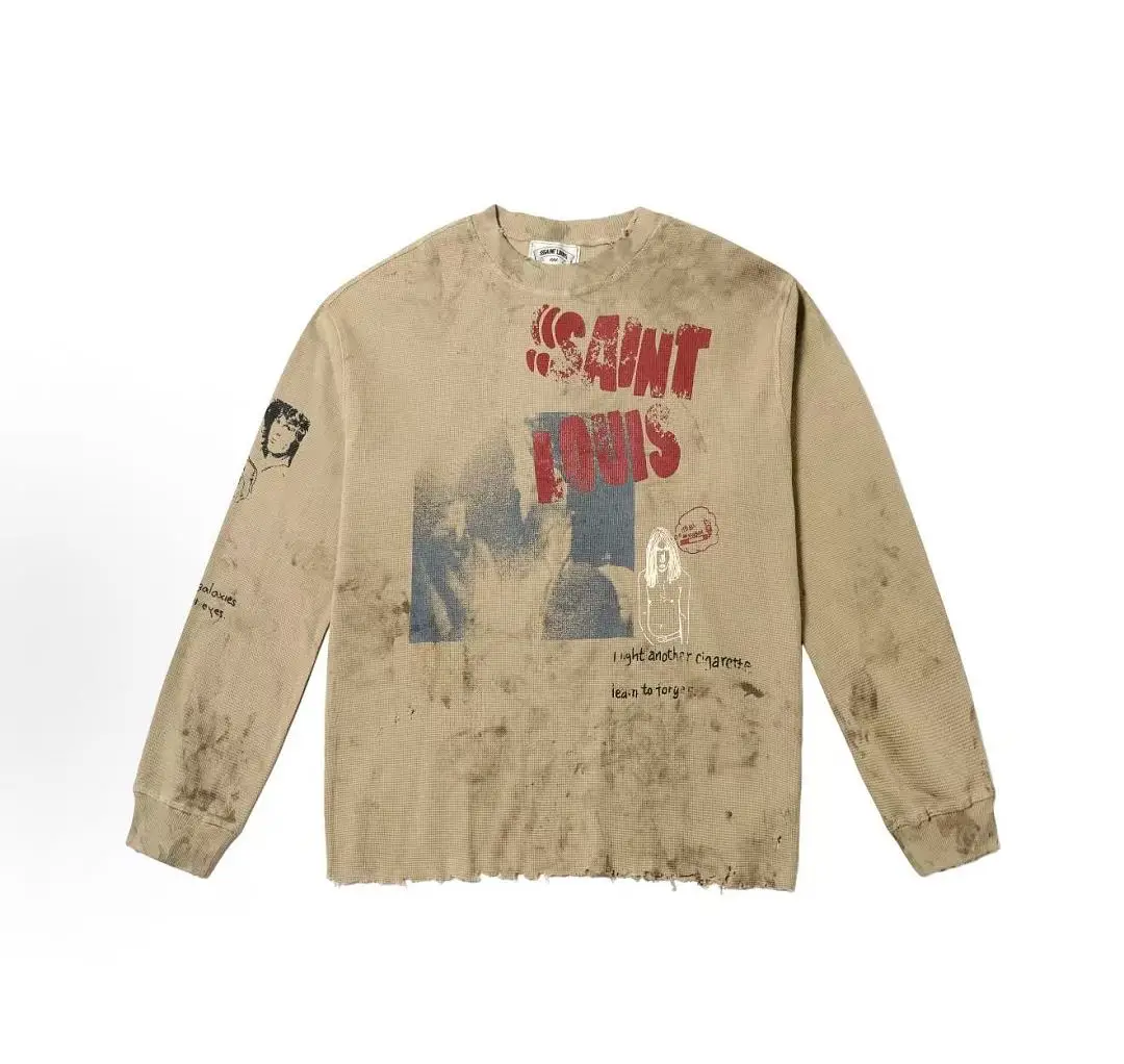 Saint Louis American Retro Washed Print Long Sleeve T-Shirt Unisex Loose Casual Versatile Top Trendy Cotton Crew Neck Tee