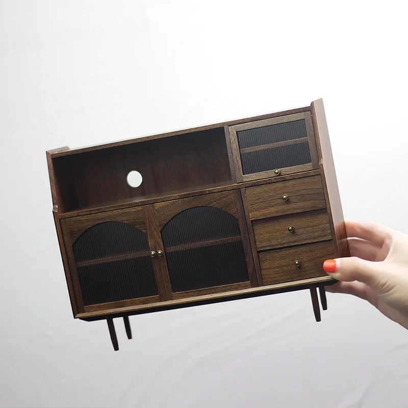 1:12 Doll House Accessories Mini Model Wooden Furniture Retro Wabi-Sabi Style Sideboard Tea Storage Cabinet Photography Props