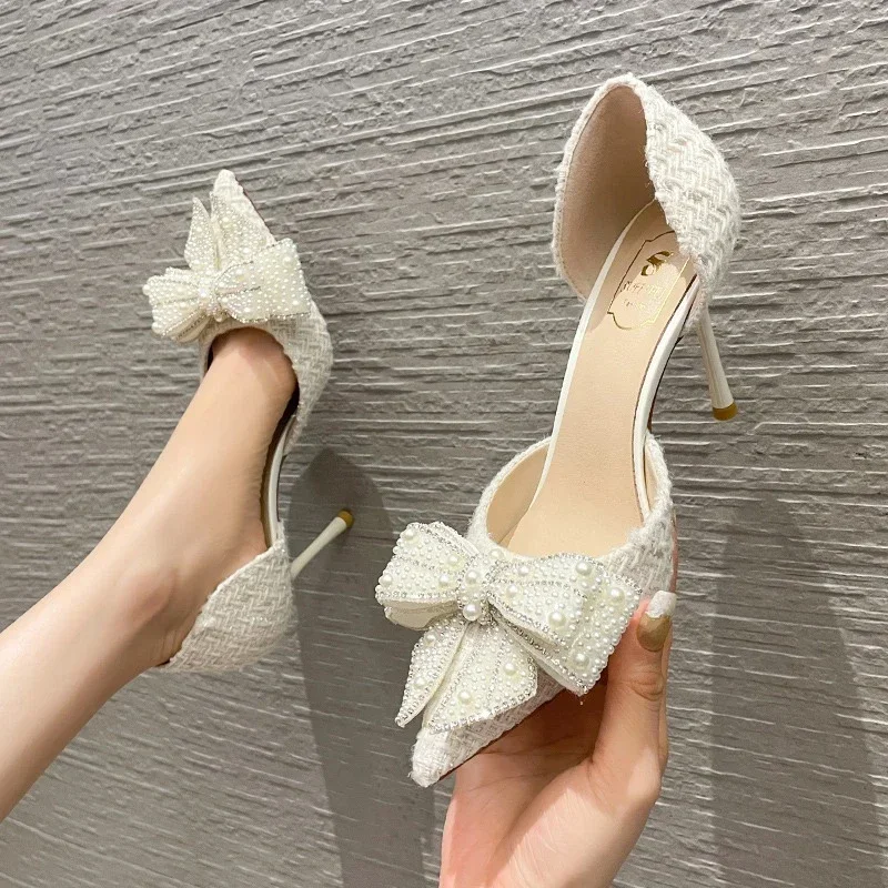 2024 Spring Wedding Shoes Women Luxury Pearl Crystal Bowtie White Brand Designer High Heels Pumps Woman Thin Heeled Party Shoes