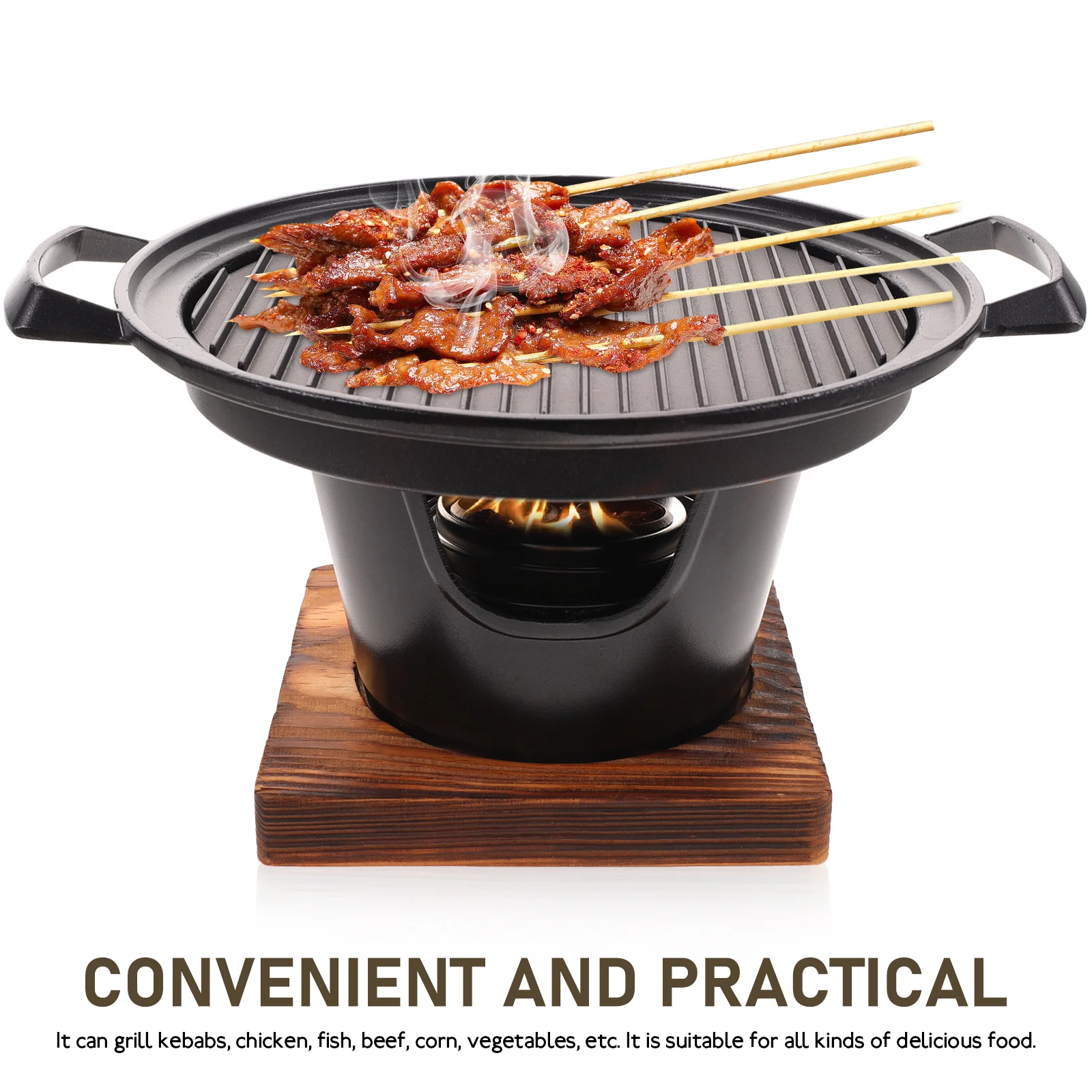 

1 set Non-Stick Portable Mini Grill Premium Aluminium Alloy Smokeless Tabletop BBQ Griller Durable Wooden Handle for Kebabs