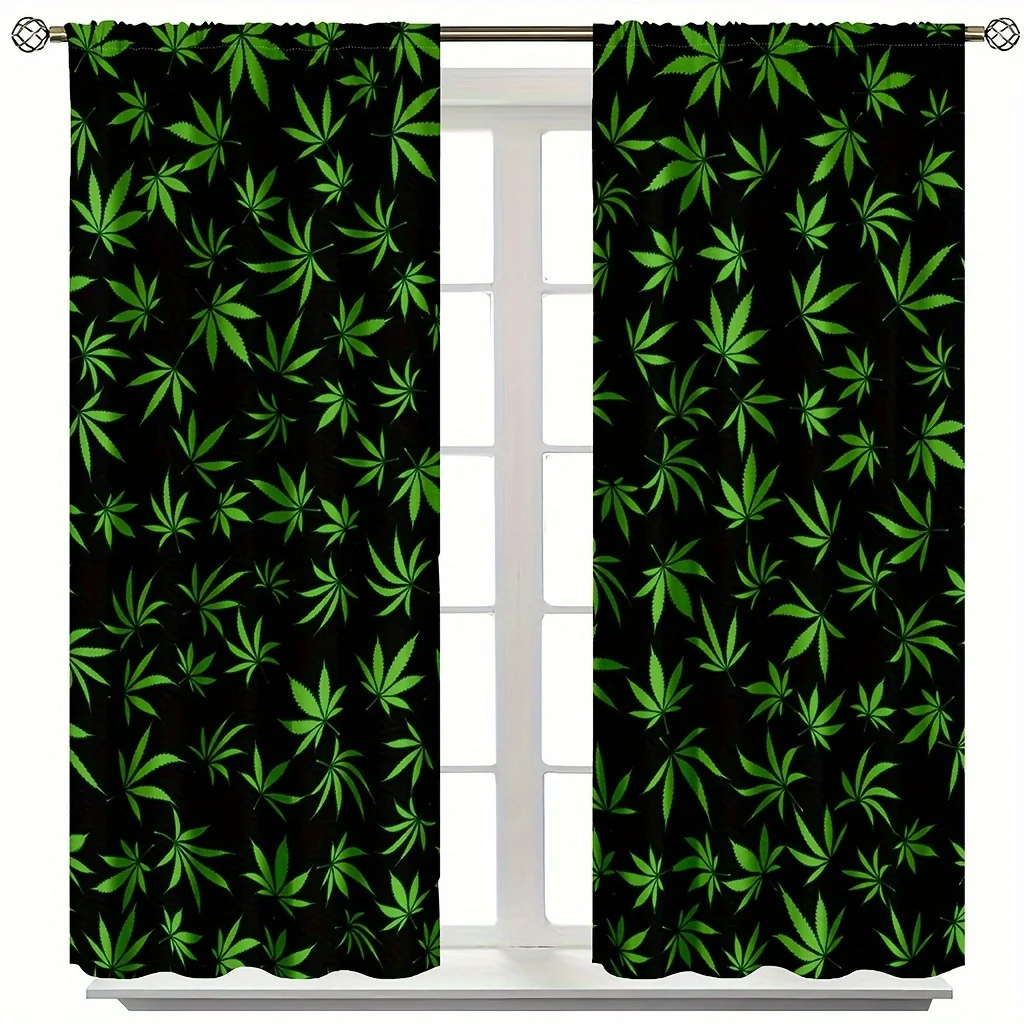 2 Panels Weed Leaf Printed Curtains Green Marijuana Pattern Blackout Drapes Polyester Living Room Bedroom Window Curtains Home