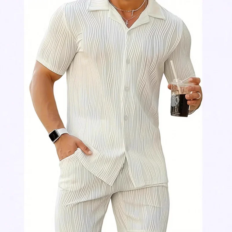 

Europe America insCross-border New Men's Wave Pattern Casual Breathable Solid Color Short Sleeve Shirt and Shorts Set