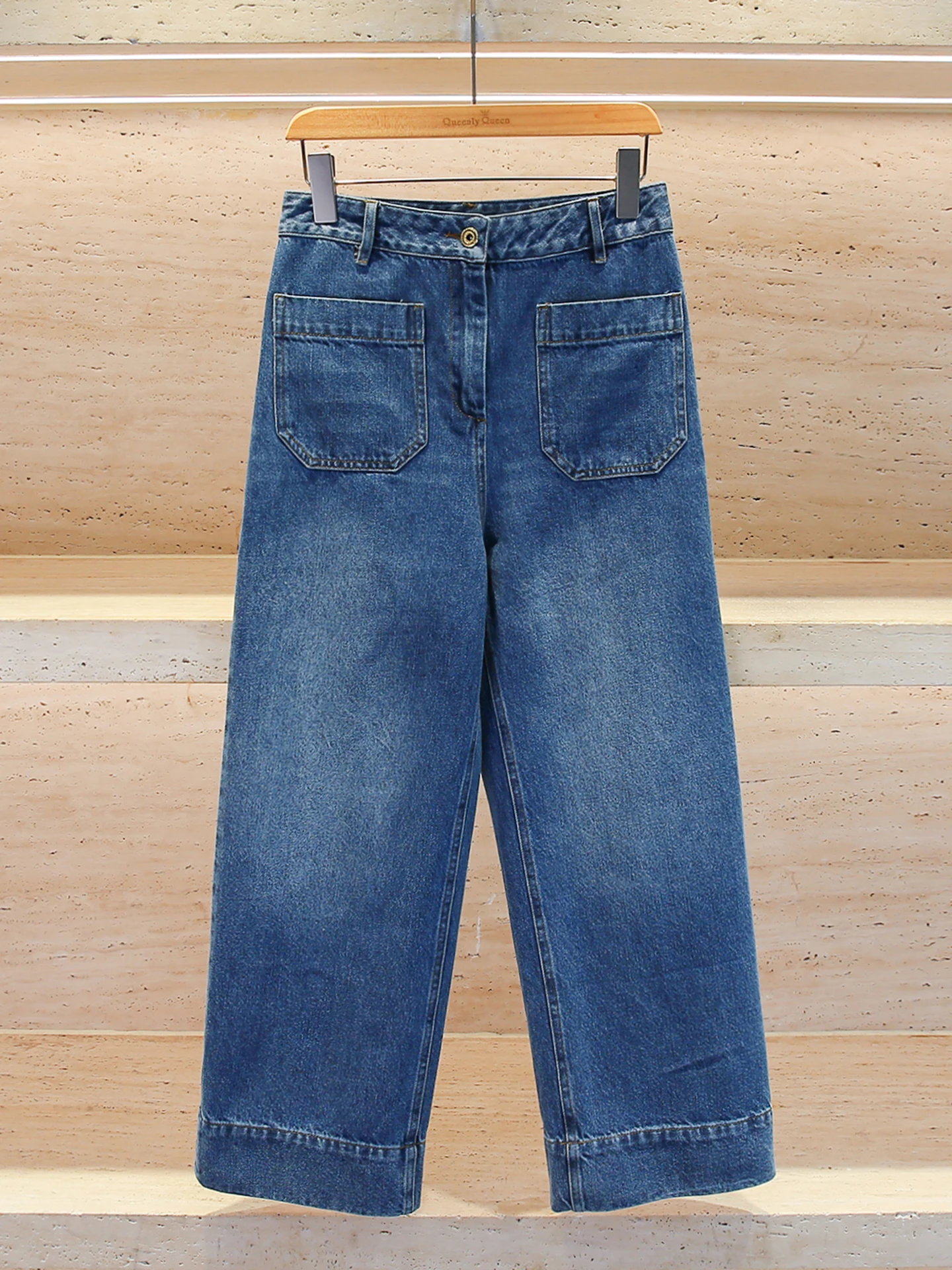 

Широкие длинные джинсы с высокой талией, женские осенне-зимние новые дизайнерские повседневные синие джинсовые брюки с завышенной талией, удобные дышащие брюки...