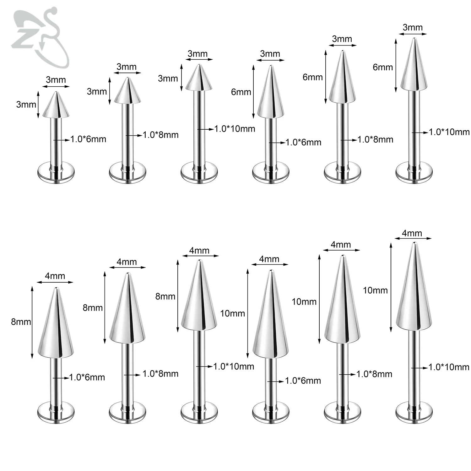 ZS 1 PC 16G/18G Punk Stainless Steel Long Spike Labret Lip Piercing Silver Color Cone Helix Cartilage Earring Piercings Jewelry