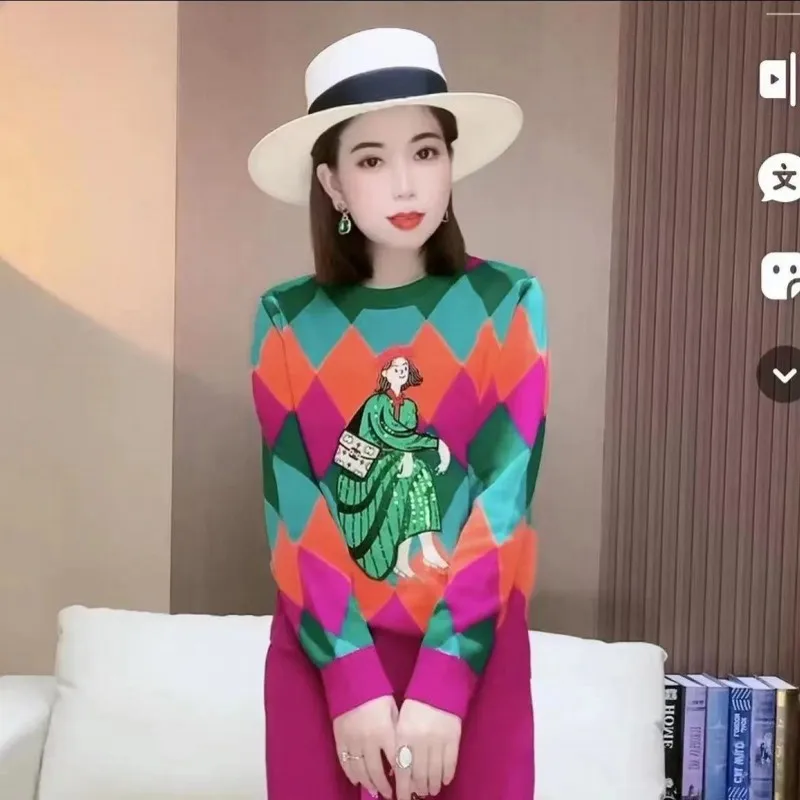 الفرنسية التطريز الترتر متماسكة البلوز سترة ملابس حريمي موضة كم طويل تريكو القمم البلوز