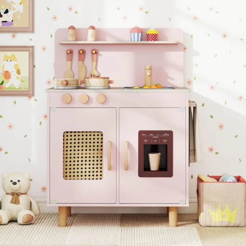 

Wooden Pretend Kitchen Playset with Realistic Ice Maker-Pink