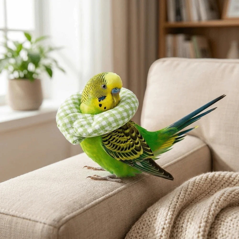 Grid Pattern Bird Elizabethan Collar Soft Breathable Parrot Protective Collar Anti-Bite Comfortable Fit Anti Licking Collar