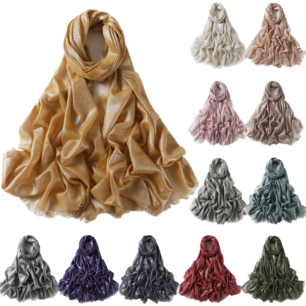 

23 Colors Plain Lurex Glitter Shimmer Fringe Viscose Scarf Shawl Lady High Quality Wrap Pashmina Stole Bufandas Muslim Hijab Cap