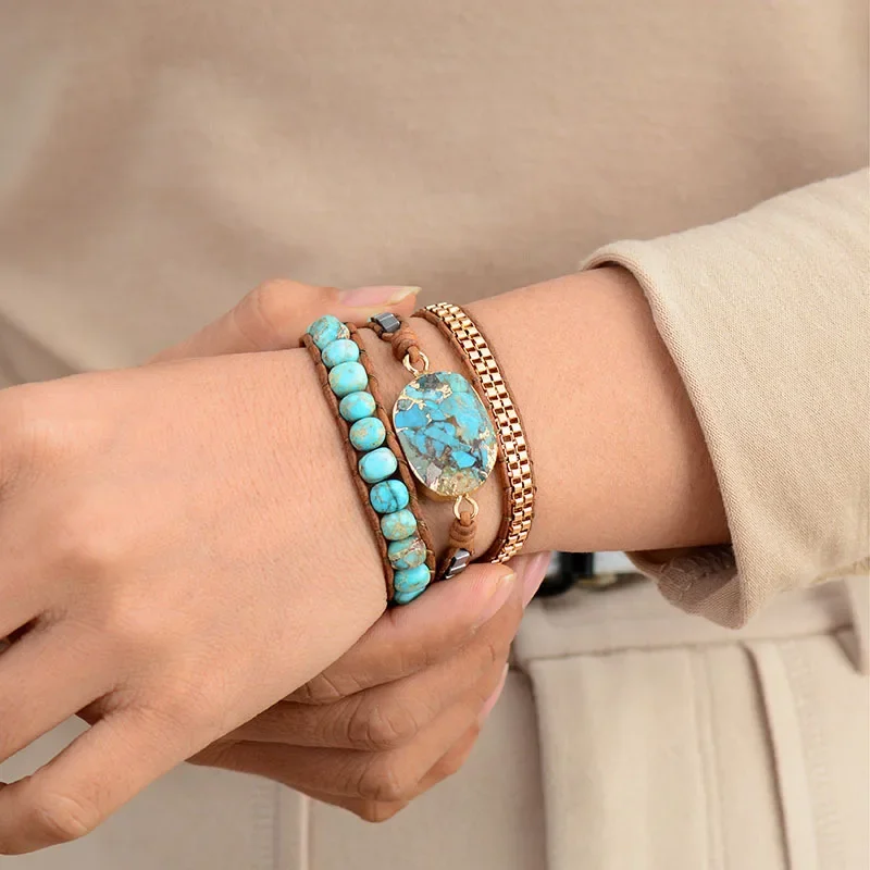 Bohemian cut corner turquoise bracelet for women ornament triple wound hand-woven leather rope bracelet