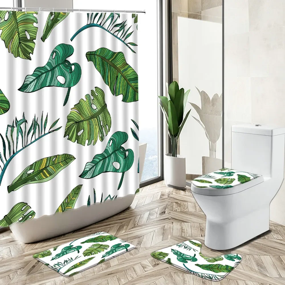 Tropical Green Plants Flower Shower Curtain Summer Palm Leaves European Exotic Bathroom Decor Home Rug Toilet Cover Bath Mat Set