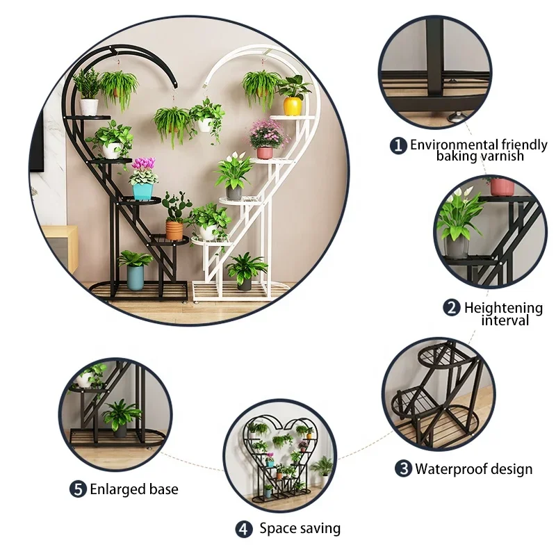 Multi-layer Tiers Metal Plant Stands Holders Wrought Iron Plant Shelf Heart-shaped Flower Stand Metal Display Stands