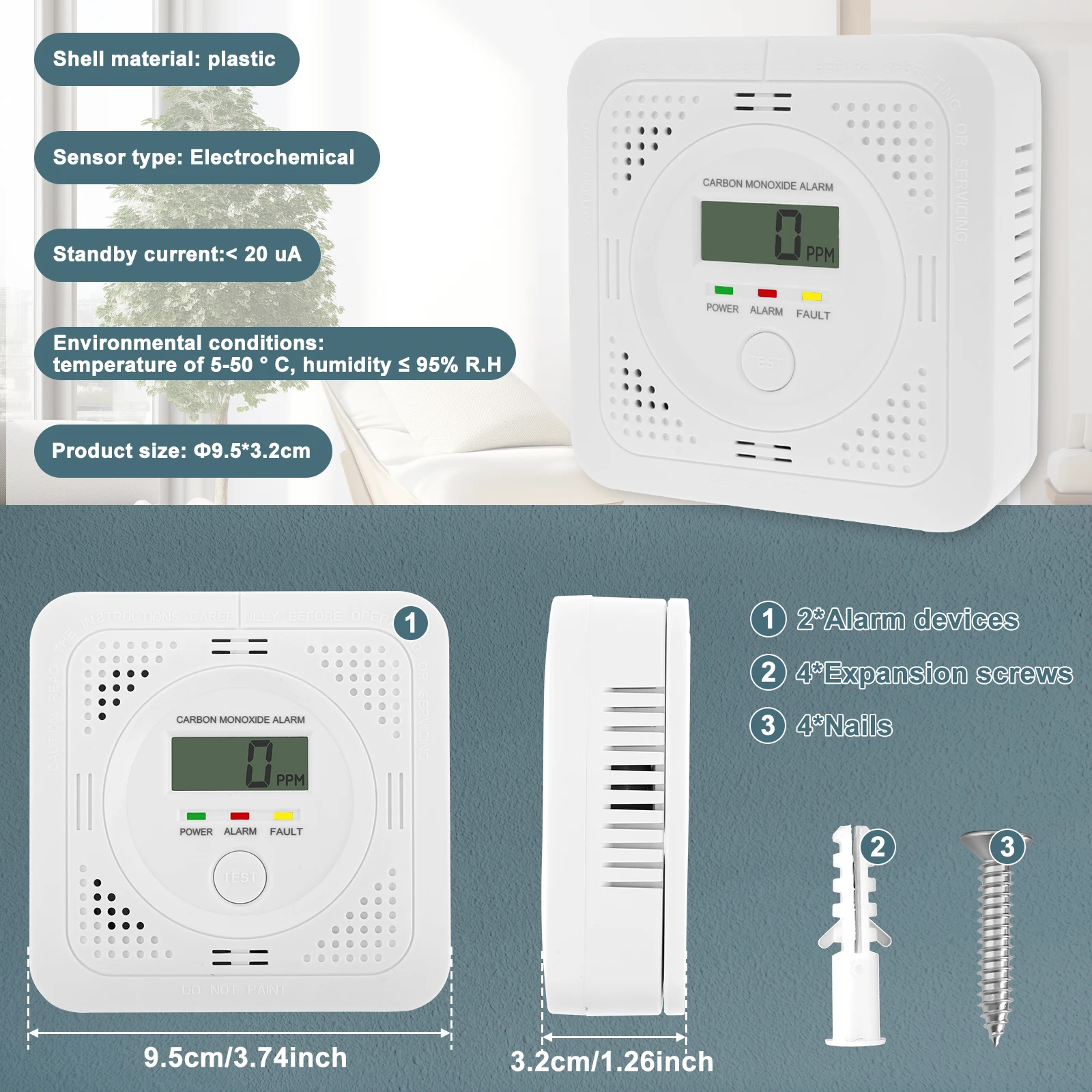 Rilevatori di monossido di carbonio, rilevatore di CO con display digitale LCD e avviso sonoro, elencato in ETL, funzionamento a batteria per la scuola domestica