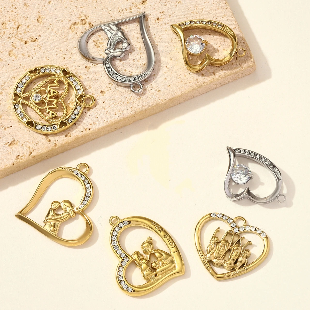 

3Pcs/Lot Stainless Steel Love Mother Heart Charms Rhinestone Pendant For DIY Making Bracelet Necklace Accessories Wholesale