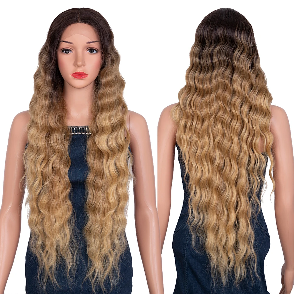 Synthetic Lace Wig Long Deep Wavy Ombre Blonde Brown Lace Wigs For Black Women Heat Resistant Cosplay Wigs