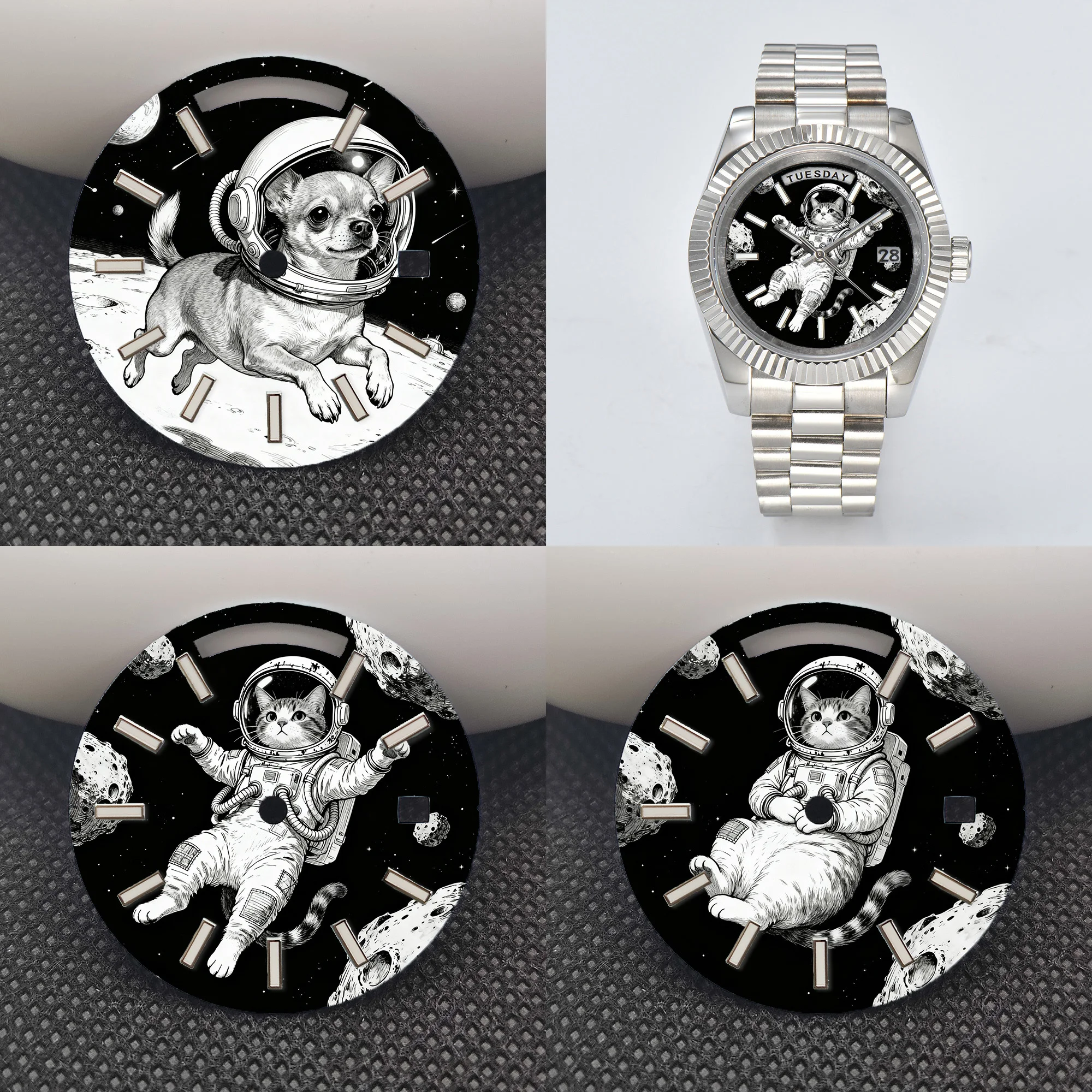 Esfera 8285, reloj creativo de dibujos animados de gato y perro con astronauta para hombre, adecuado para movimiento Miyota 8285, esfera de reloj personalizada de 29mm/31mm