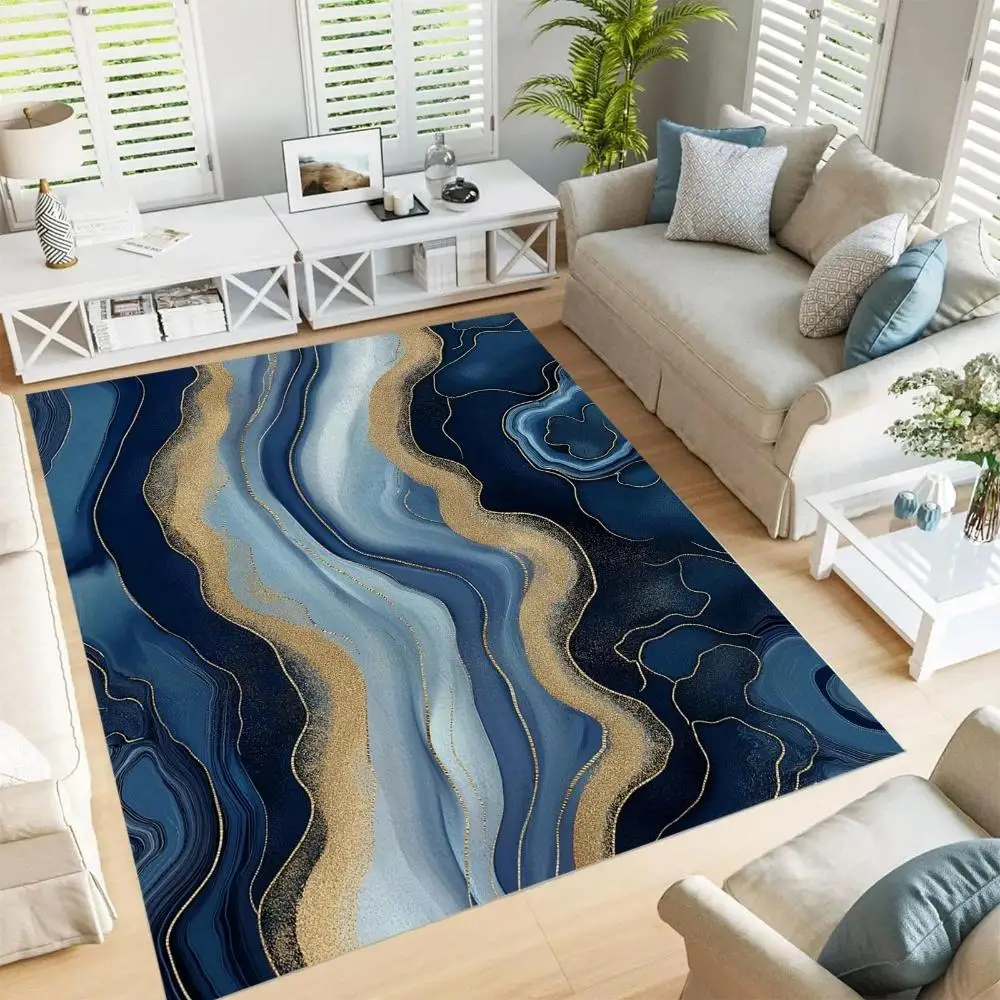 3D Blue Geode and Green White Fluid Waves Abstract Crystal Stone Art Pattern Non-Slip Area Rug Living Room Home Decor