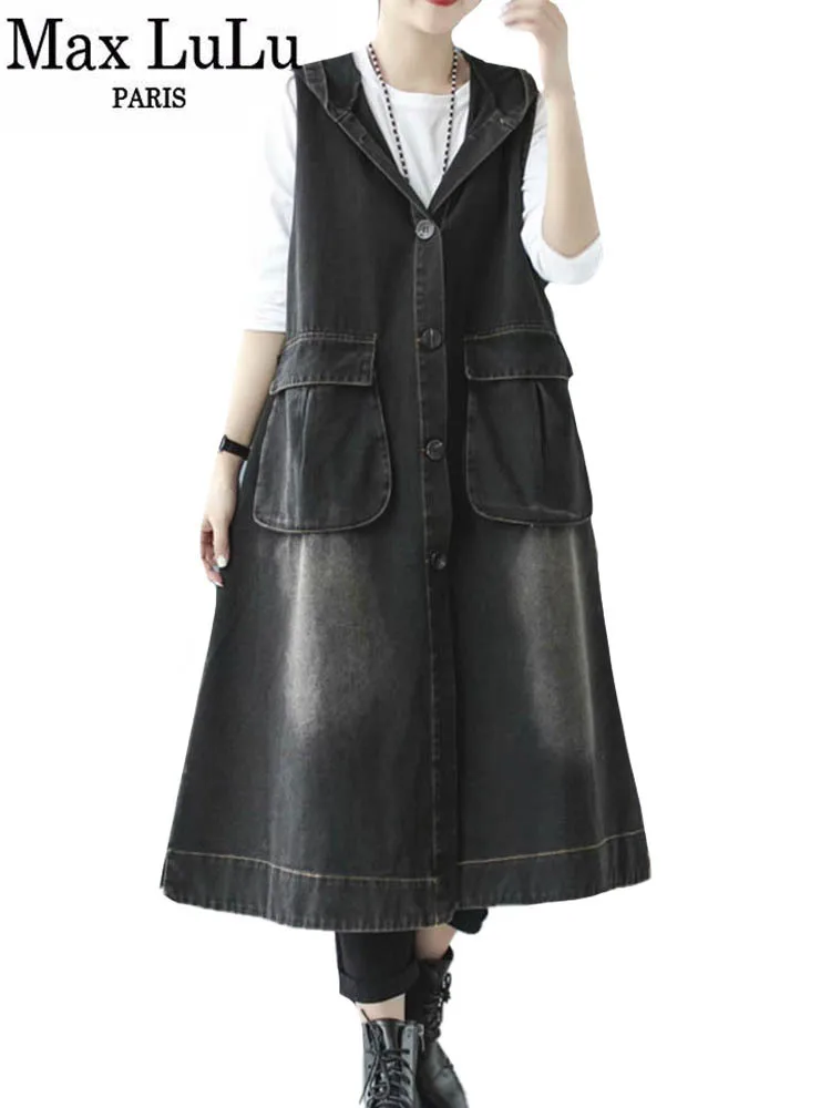 Max LuLu Korean Fashion Denim Hooded Long Waistcoats Autumn Ladies Sleeveless Button Clothing Women Pockets Vintage Vest Coat