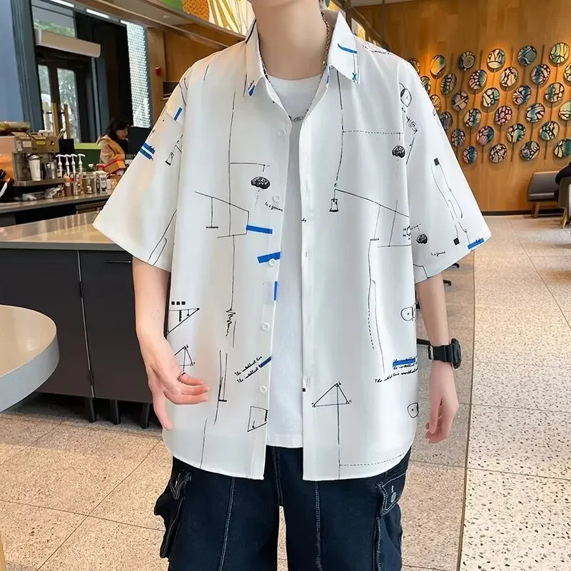 

Summer New Graffiti Short Sleeved Shirt Men's Korean Fashion Loose Casual Half Sleeved Shirt Coat for Men Y2k Streetwear