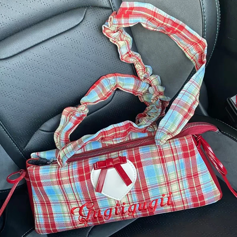 

Стильная и универсальная прямоугольная сумка через плечо с бантом и застежкой-молнией, милая женская сумочка с плиссированным клетчатым дизайном.